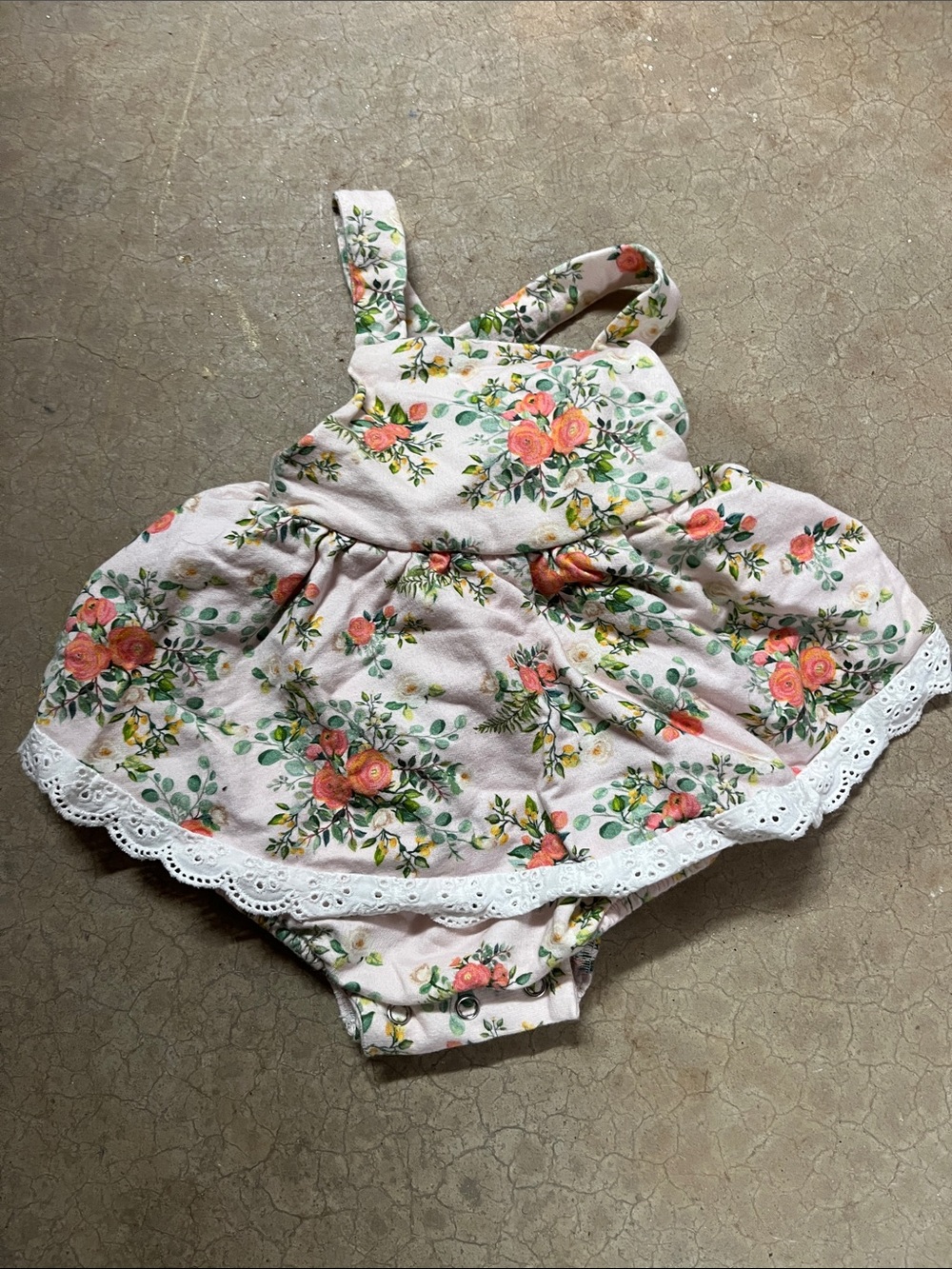 Pink Floral Baby Dress Romper with Lace Trim